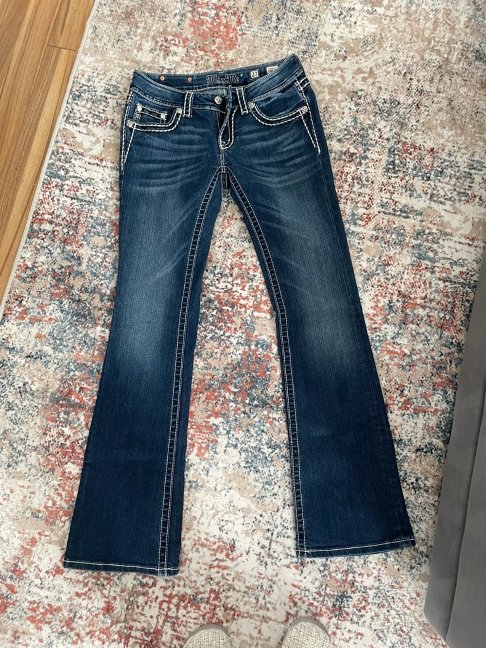 Miss Me Dark Blue Bootcut Jeans with White Contrast Stitching - Picture 4 of 8